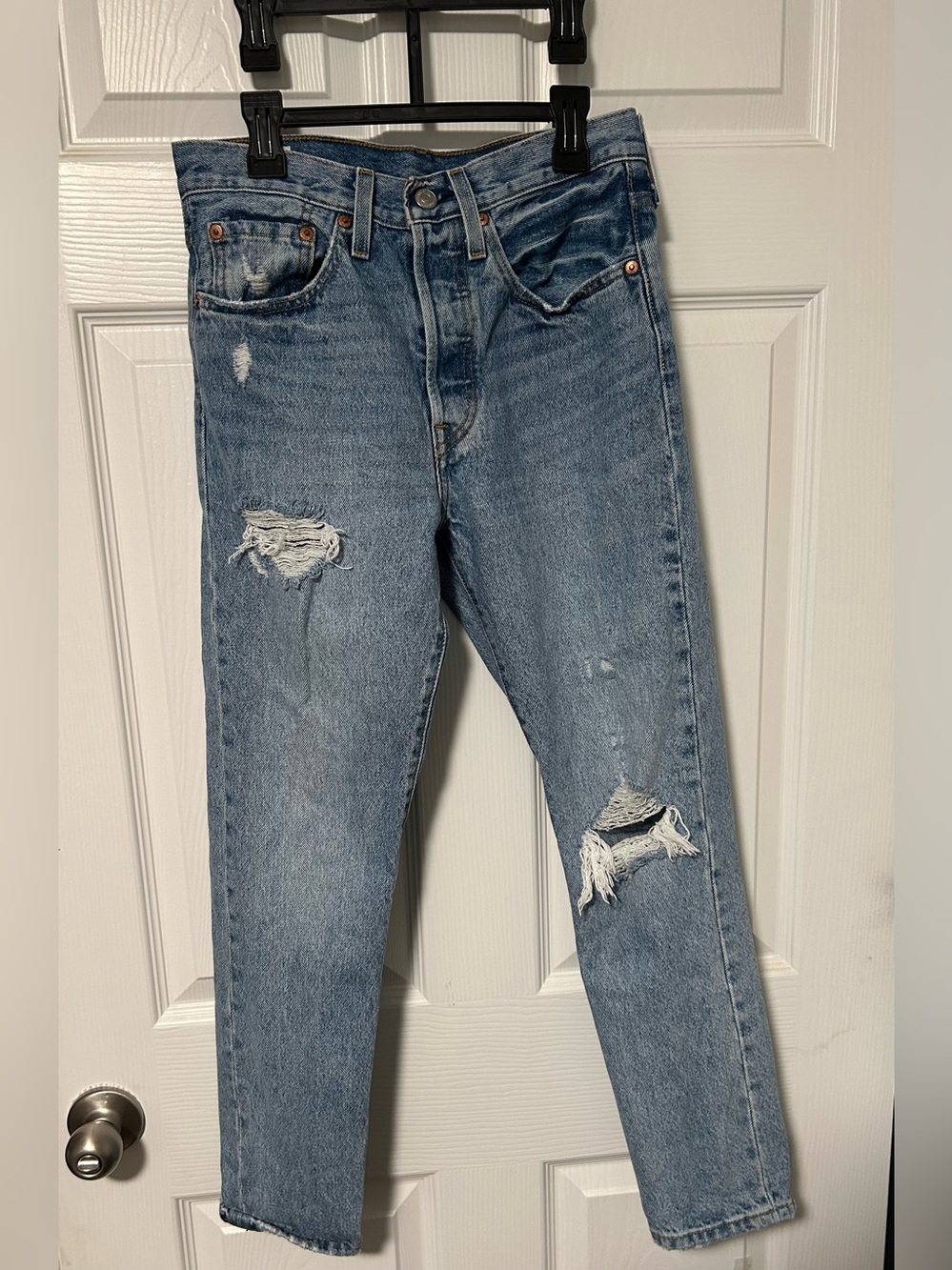 Levis 501 skinny Light Wash Distressed High-Rise Jeans button fly